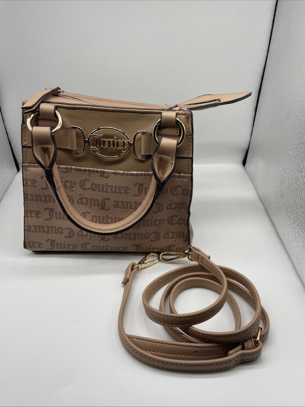 Juicy Couture Gothic Monogram Small Satchel Tote Bag Tan Brown Gold Logo